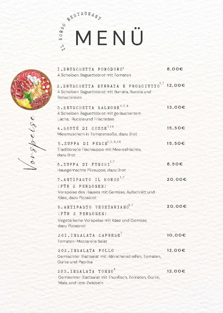 Speisekarte, Italienisches Restaurant ILBorgo