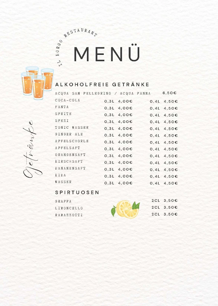 Speisekarte, Italienisches Restaurant ILBorgo