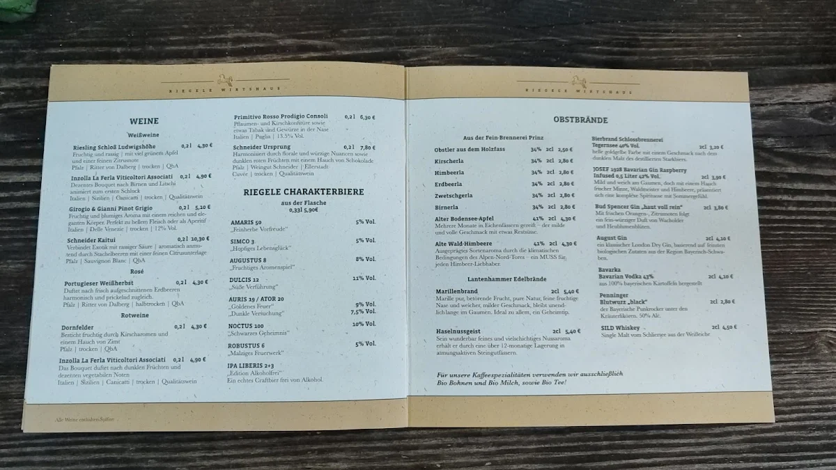 Speisekarte, Riegele Biergarten