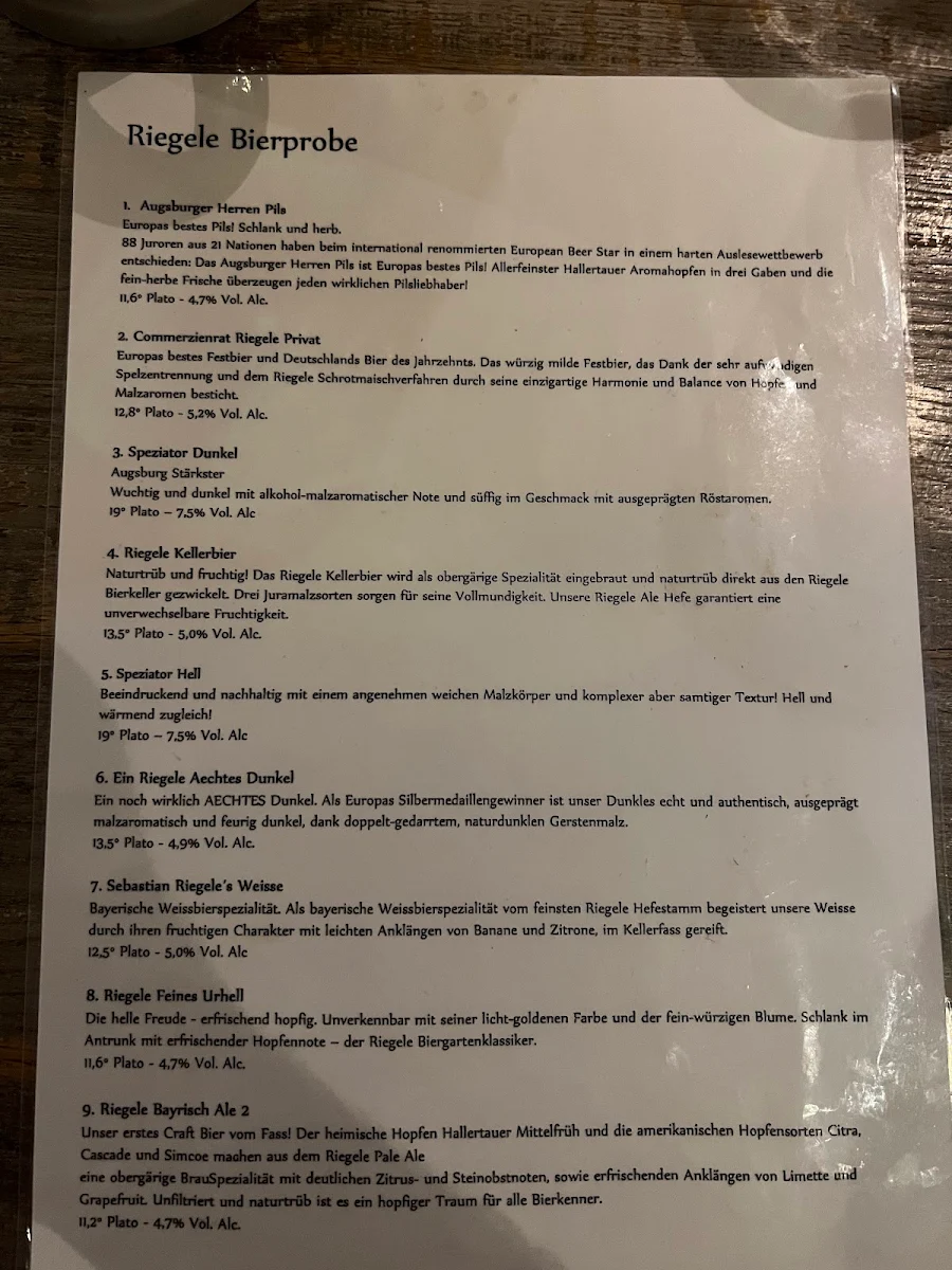 Speisekarte, Riegele Biergarten