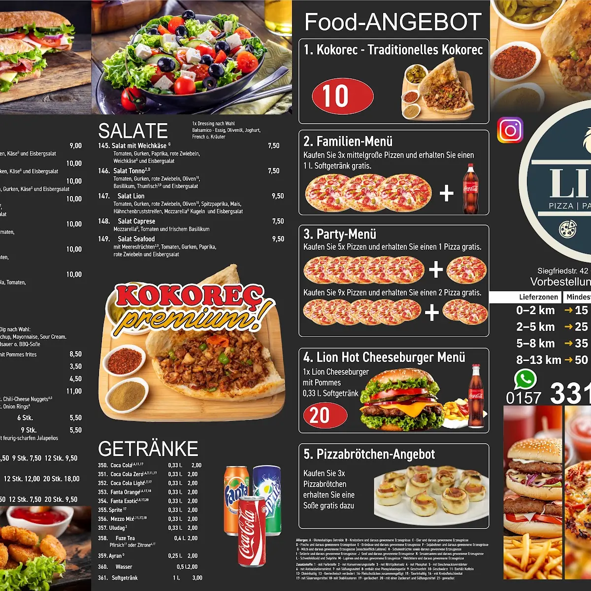 Speisekarte, Lion Pizza Pasta Bürger & more