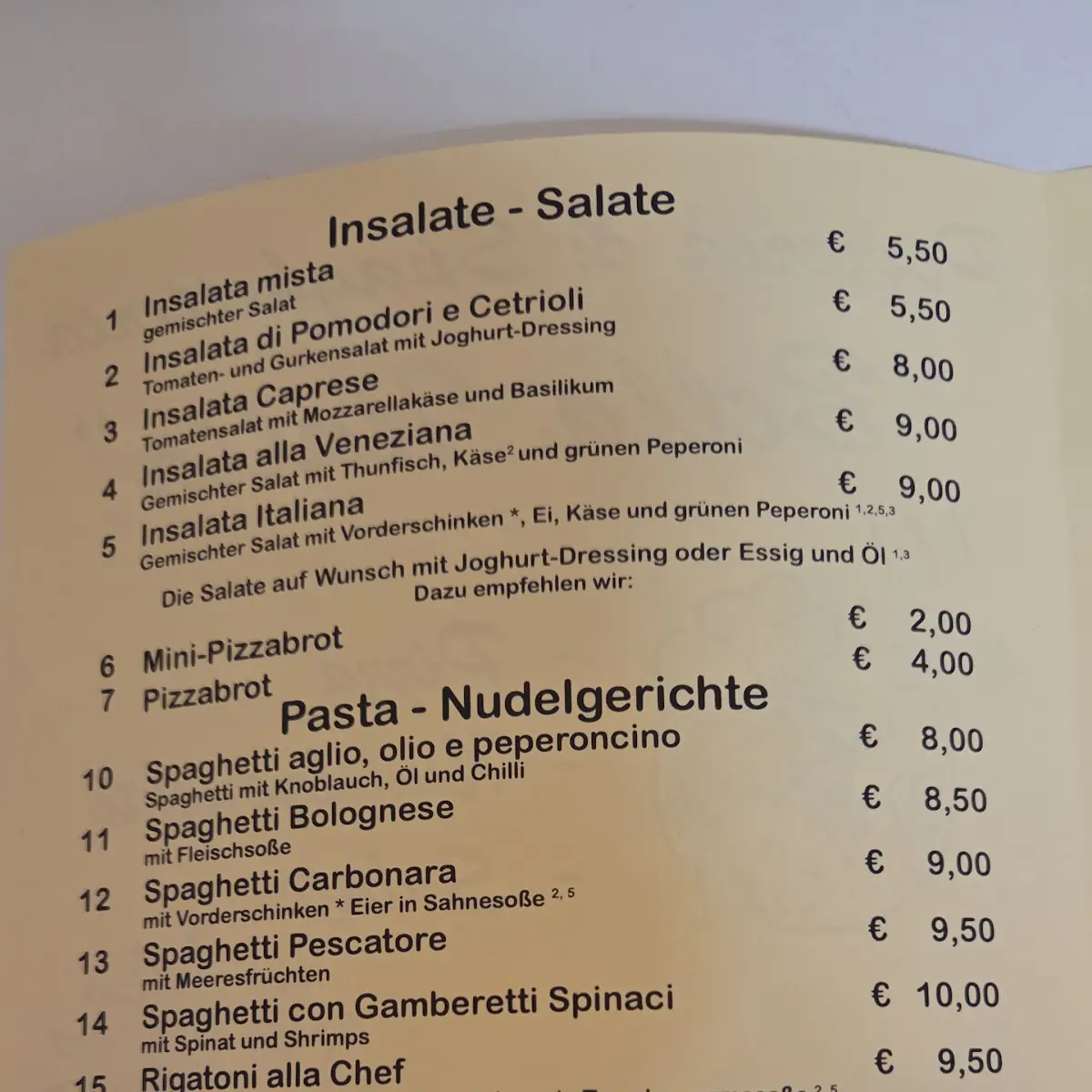 Speisekarte, Pizzeria Bella Italia