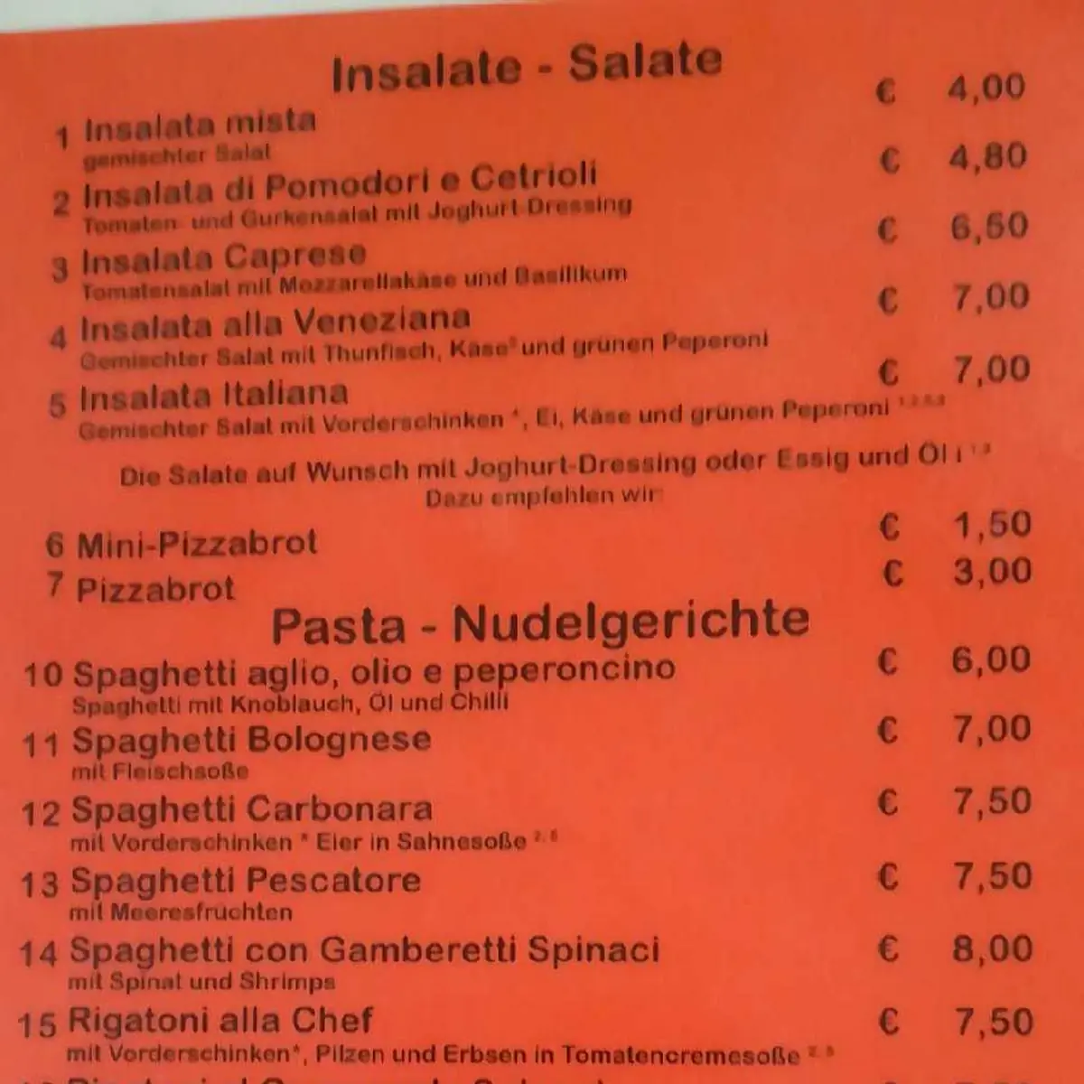 Speisekarte, Pizzeria Bella Italia