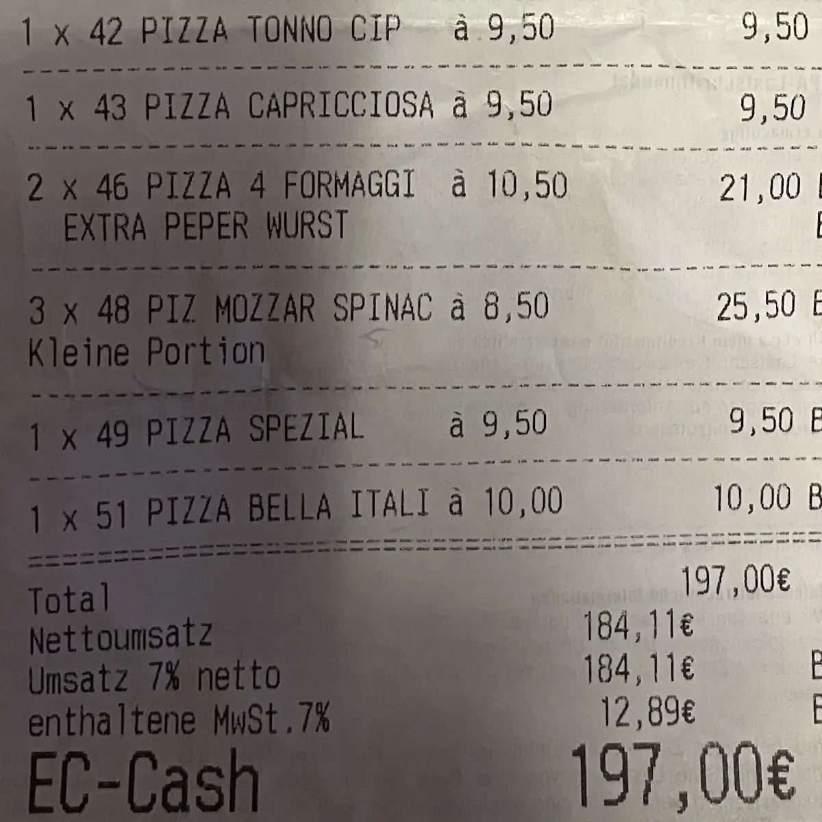 Speisekarte, Pizzeria Bella Italia