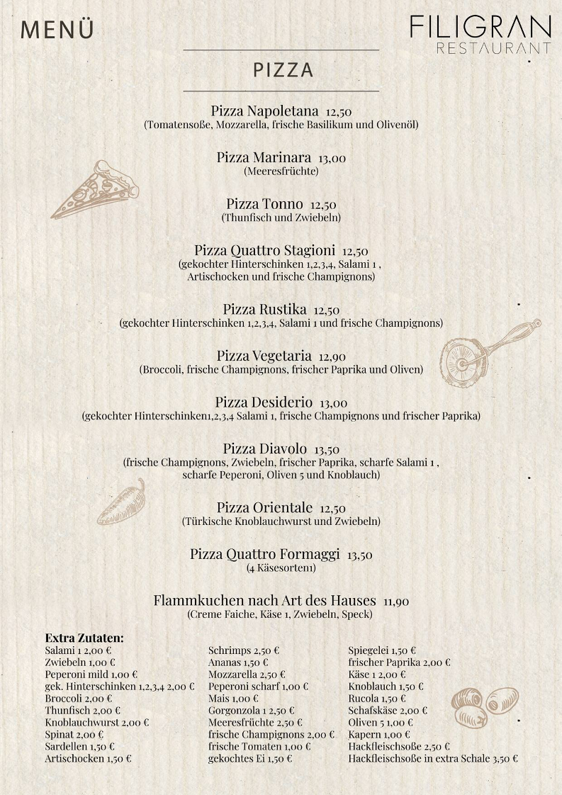Speisekarte, Restaurant FILIGRAN