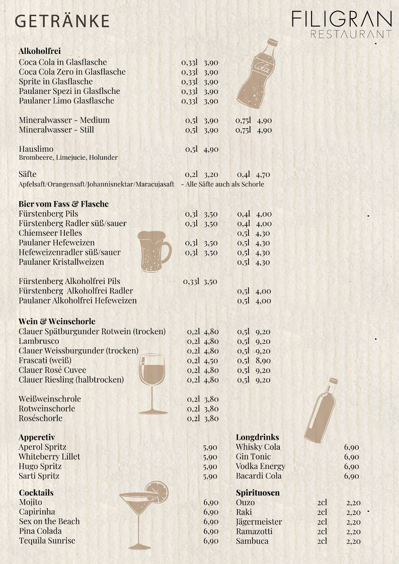 Speisekarte, Restaurant FILIGRAN