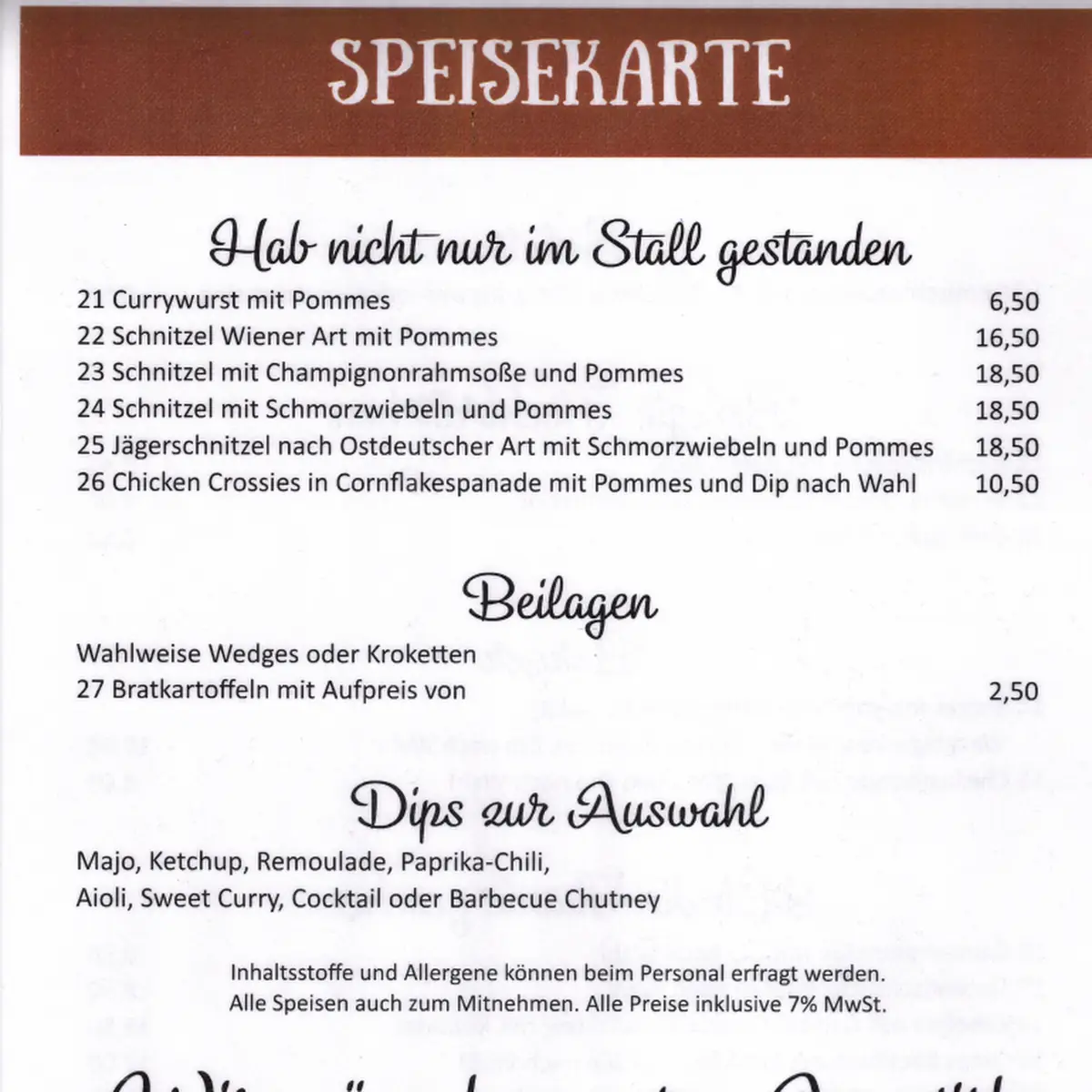 Speisekarte, Gasthaus zur Krone