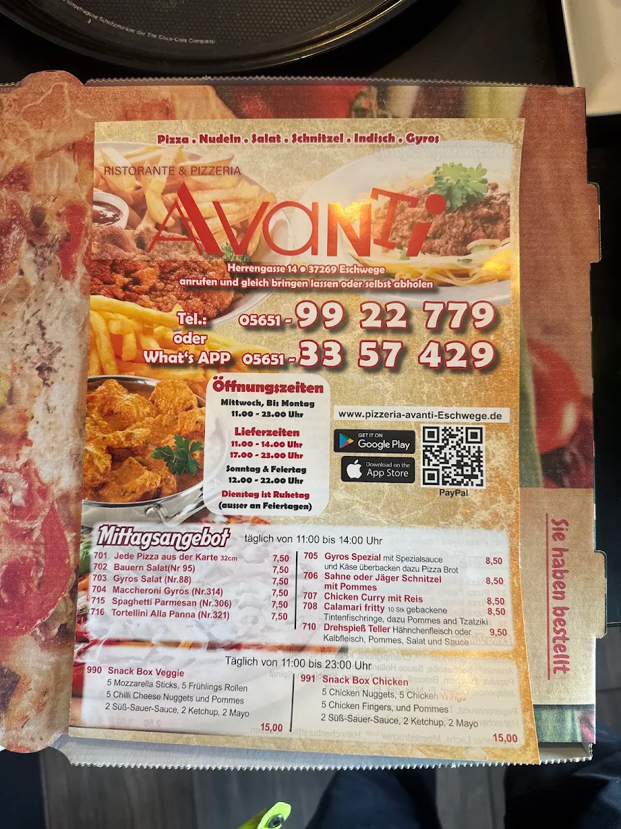 Speisekarte, Pizzeria Avanti