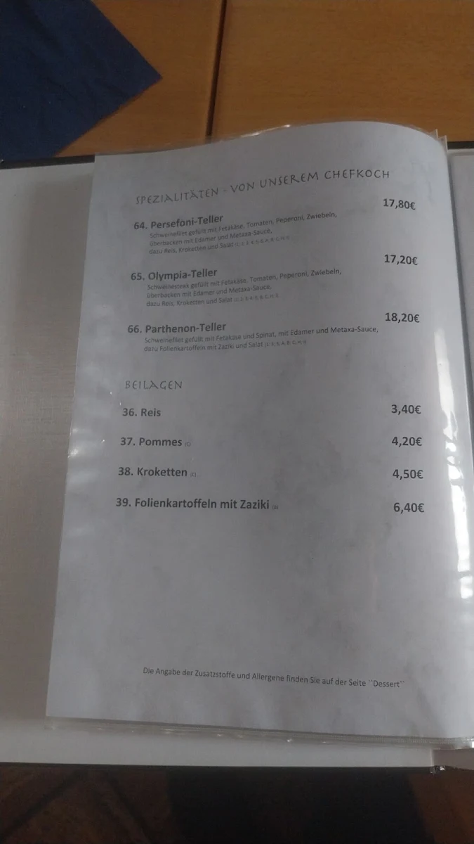 Speisekarte, Taverne Artemis