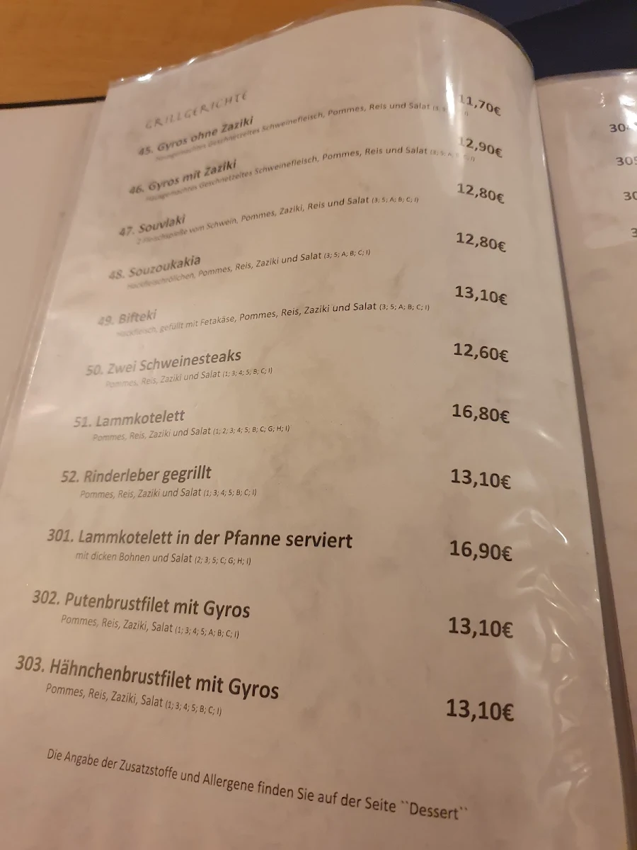 Speisekarte, Taverne Artemis