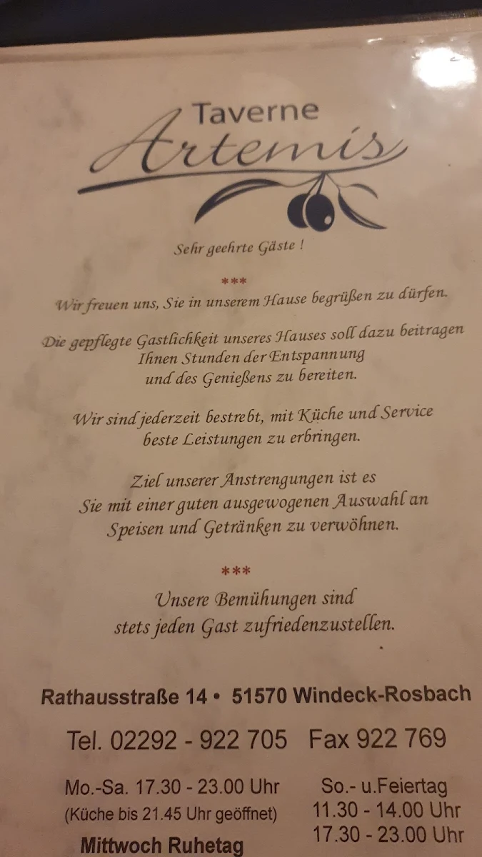 Speisekarte, Taverne Artemis