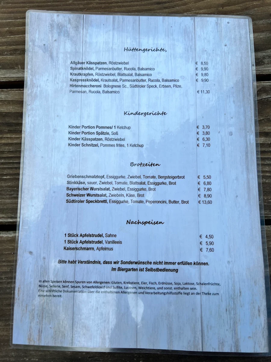 Speisekarte, Windachsee-Alm