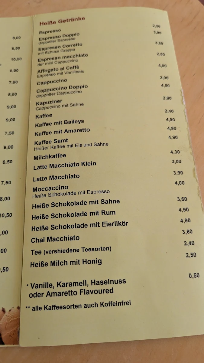 Speisekarte, Antonios Eiscafé
