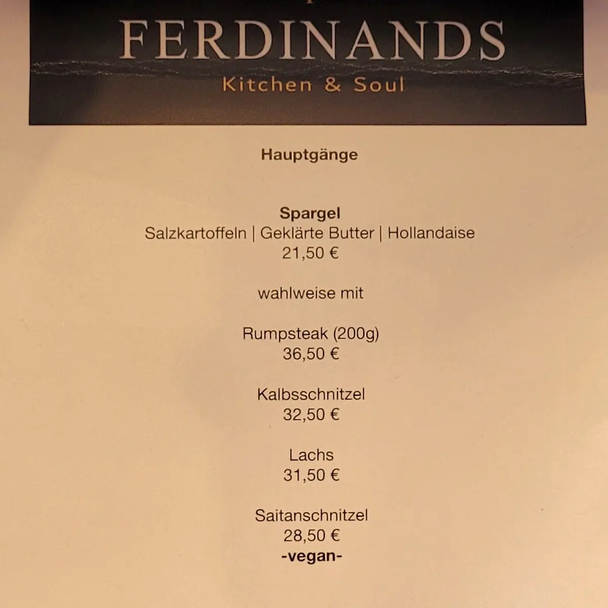 Speisekarte, FERDINANDS Restaurant