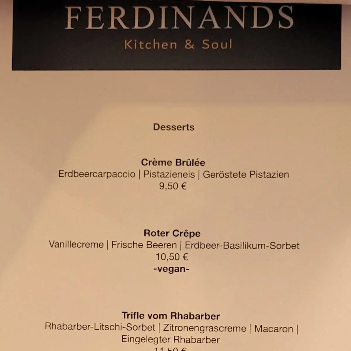 Speisekarte, FERDINANDS Restaurant