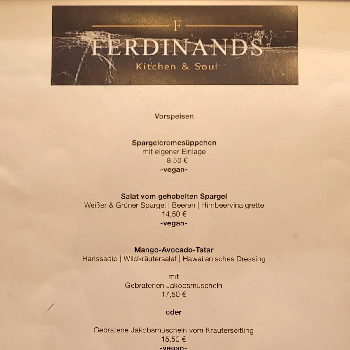 Speisekarte, FERDINANDS Restaurant