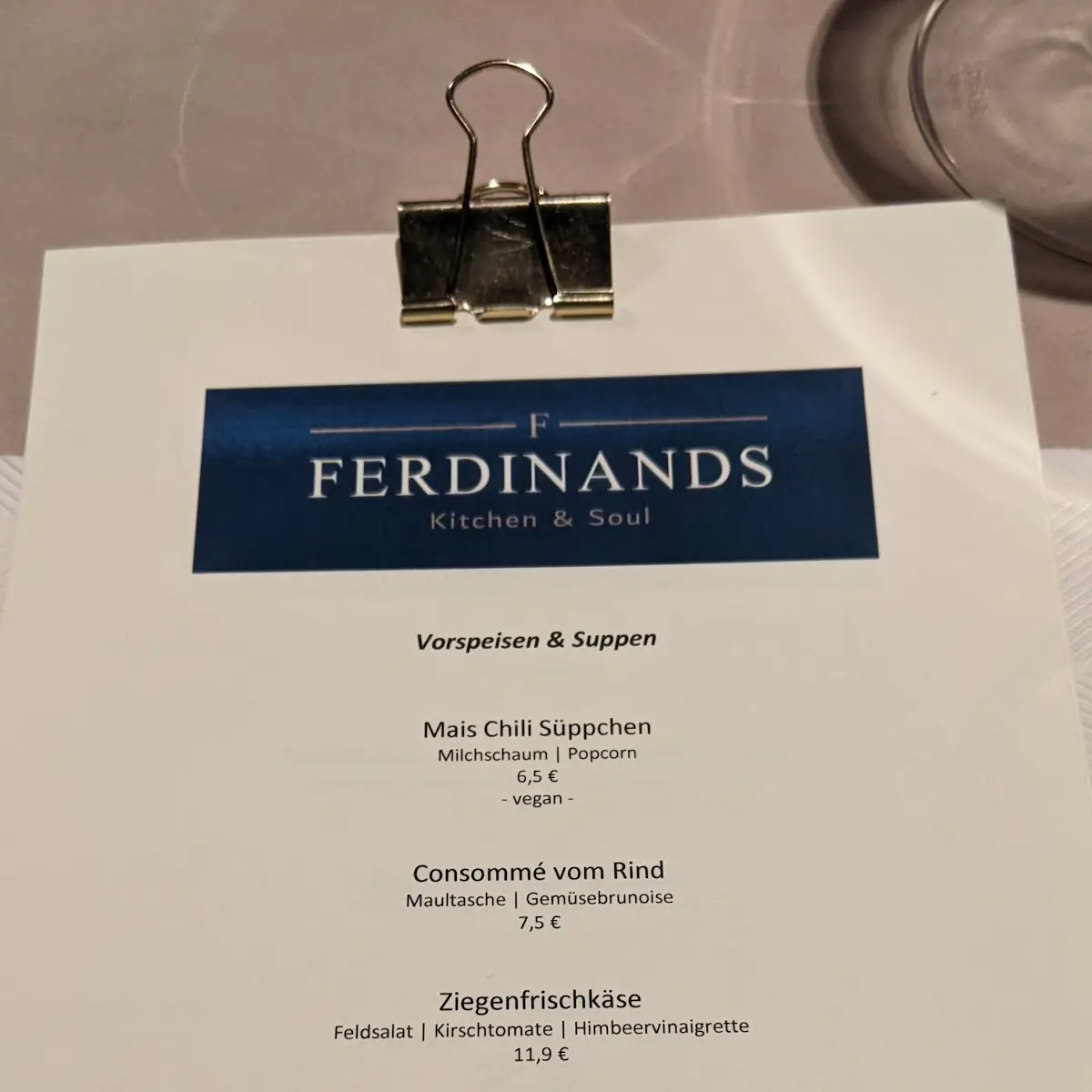 Speisekarte, FERDINANDS Restaurant