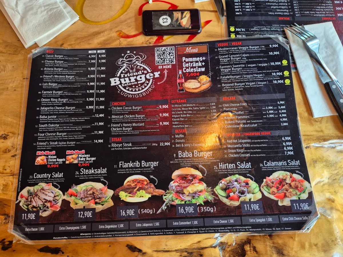 Speisekarte, Friend's Burger Saloon
