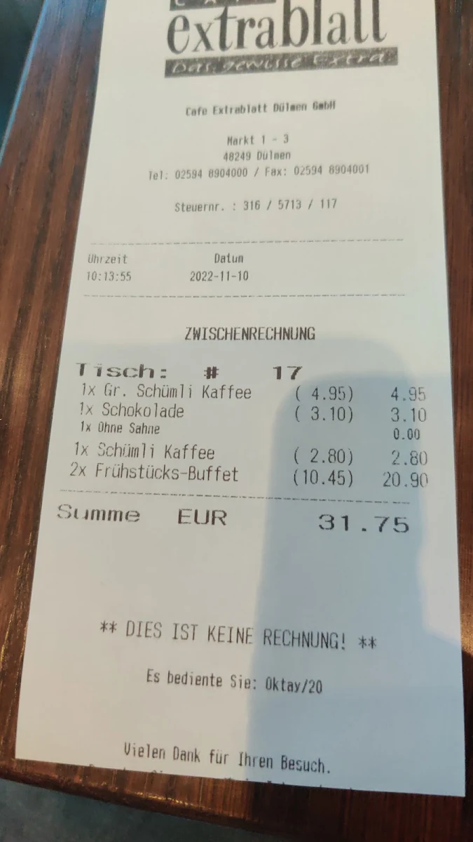 Speisekarte, Cafe Extrablatt Dülmen