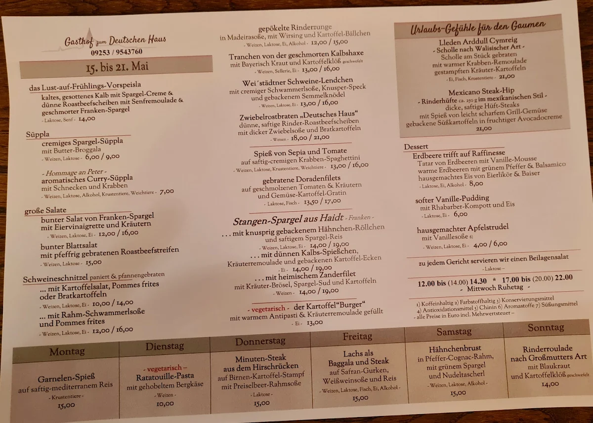 Speisekarte, Gasthof zum Deutschen Haus