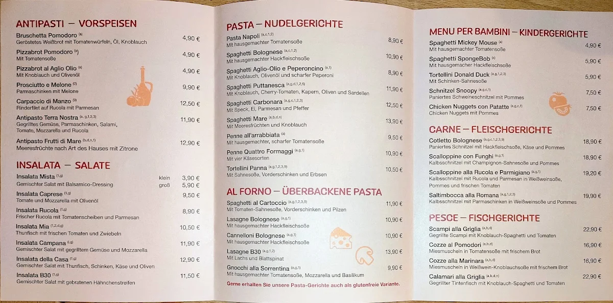 Speisekarte, Pizzeria B30