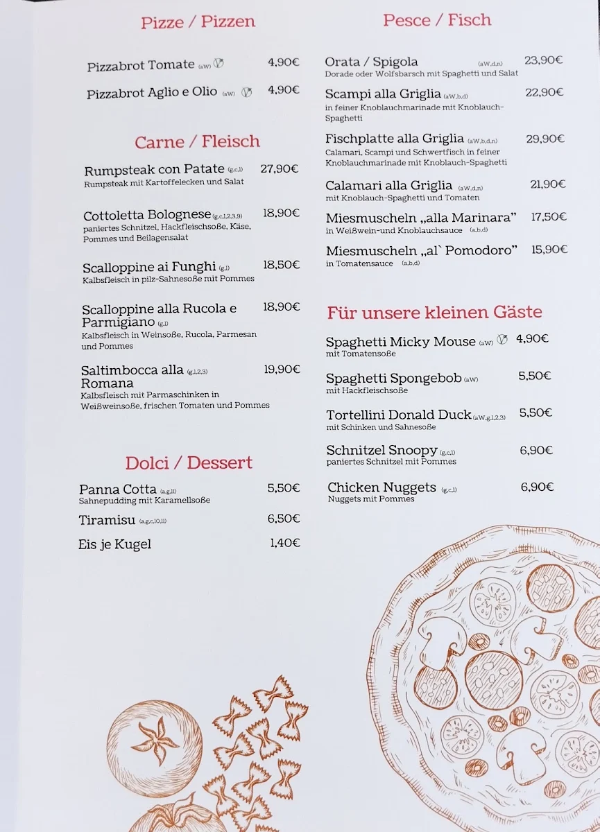 Speisekarte, Pizzeria B30