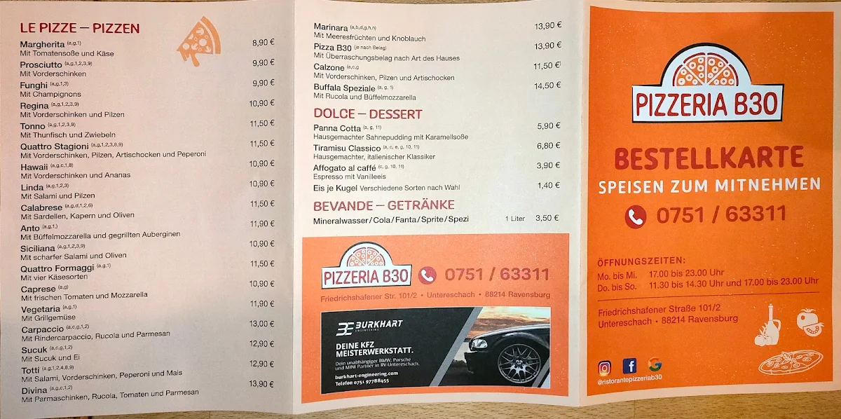 Speisekarte, Pizzeria B30