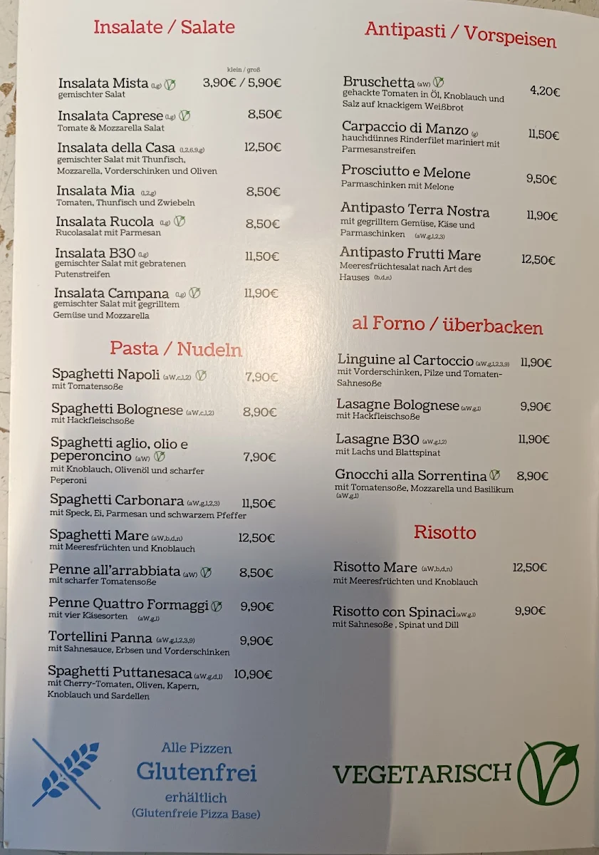 Speisekarte, Pizzeria B30