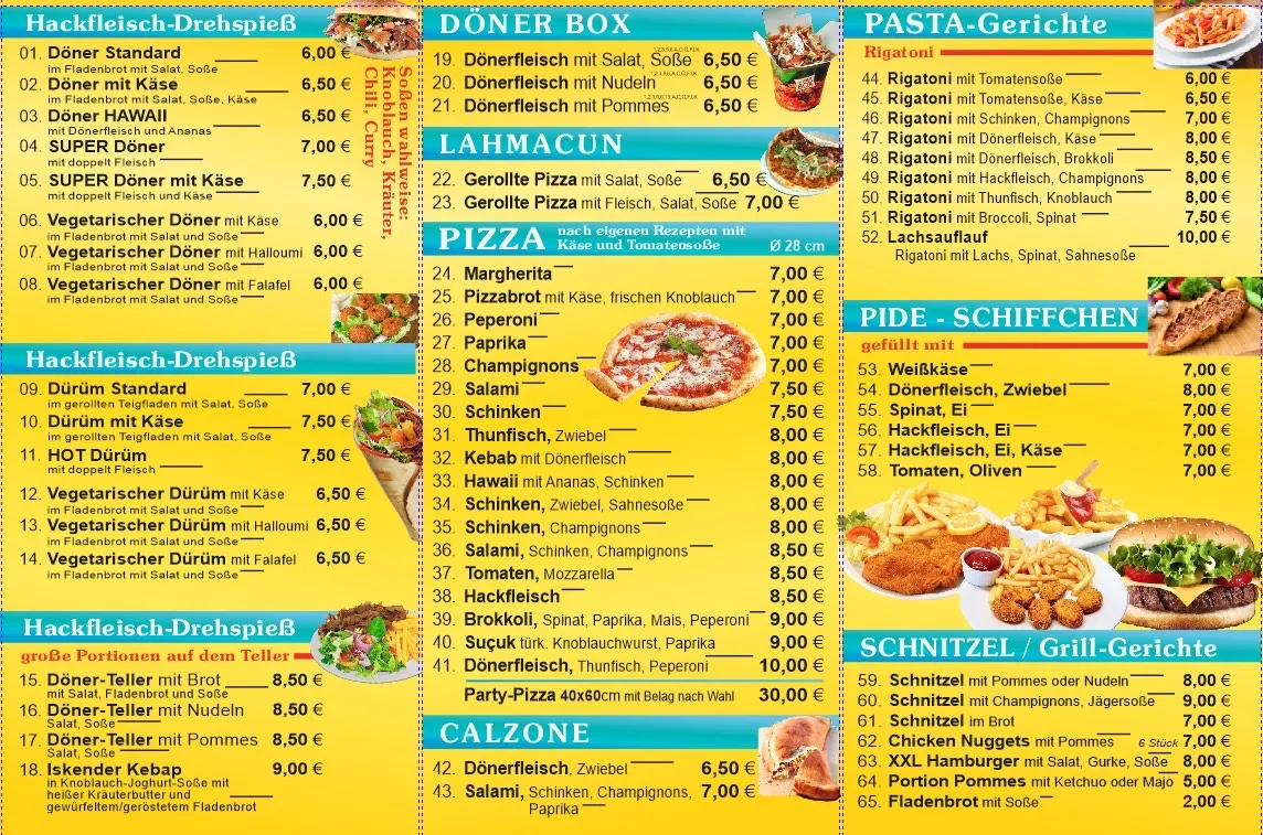 Speisekarte, Alanya Pizza und Döner Haus