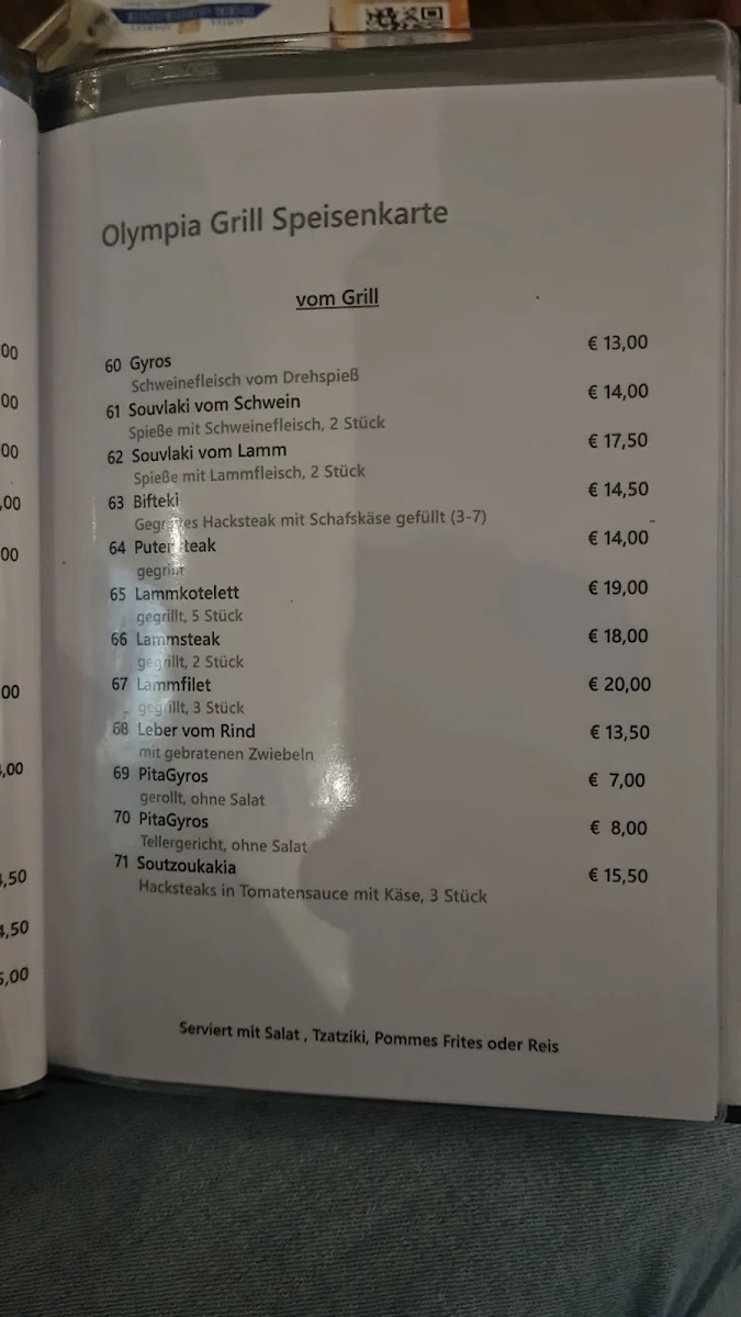 Speisekarte, Olympia Grill Hamburg