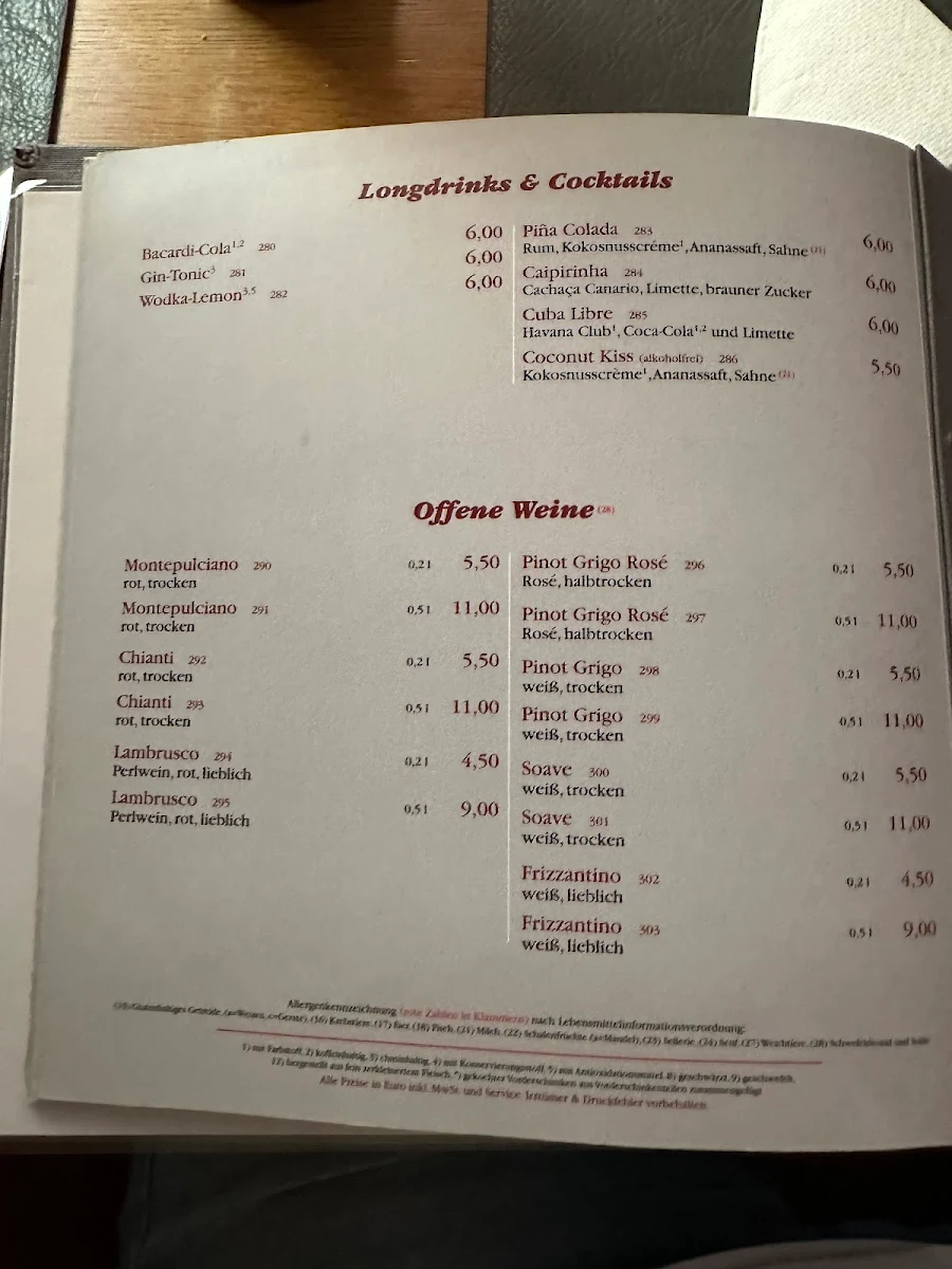 Speisekarte, Trattoria Olio