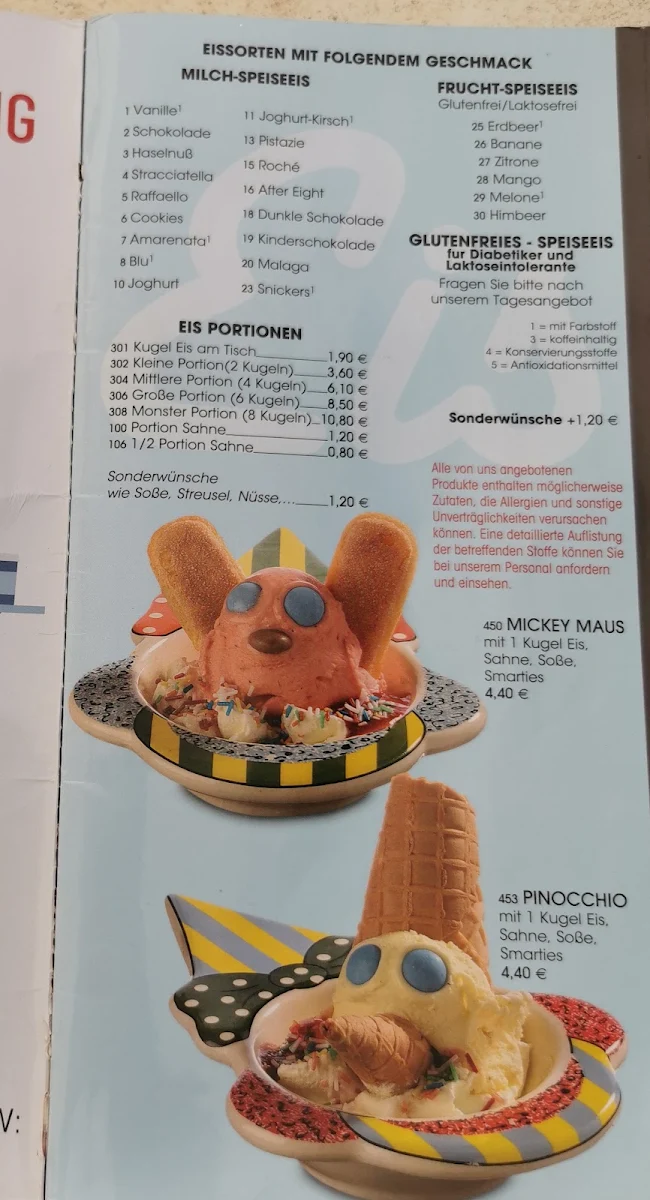 Speisekarte, Eiscafé Pierrot