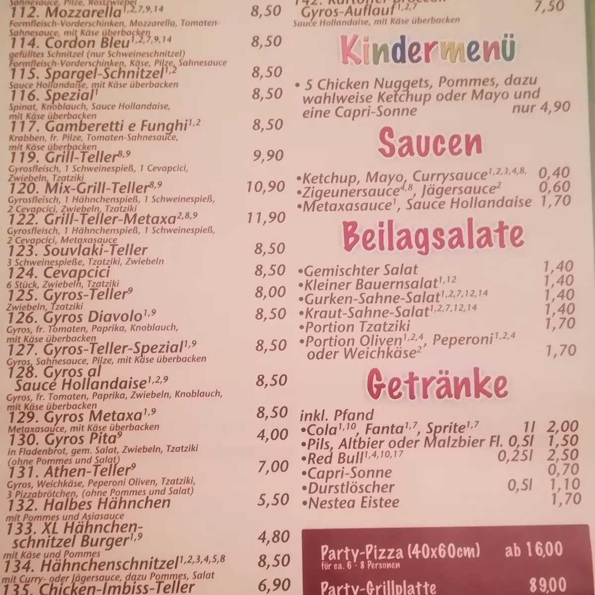 Speisekarte, Pizzeria Sorbas