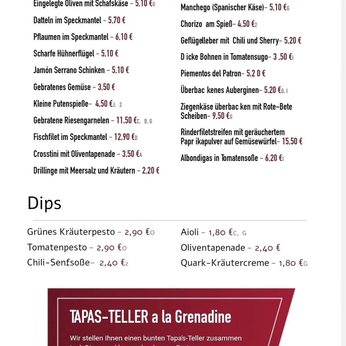 Speisekarte, Restaurant Grenadine