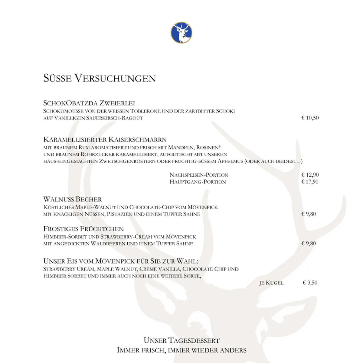 Speisekarte, Harlachinger Jagdschlössl