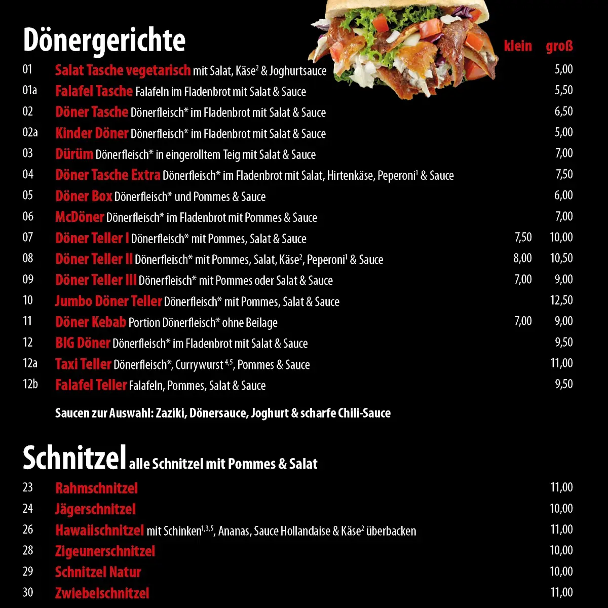 Speisekarte, TESTAROSSA Pizzeria & Dönerhaus