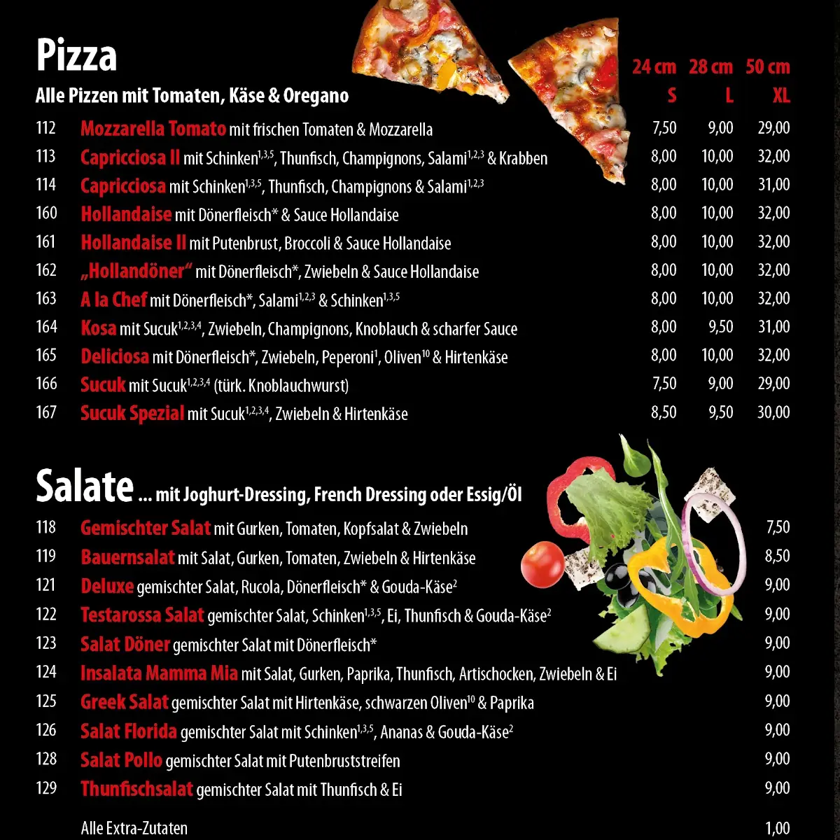 Speisekarte, TESTAROSSA Pizzeria & Dönerhaus