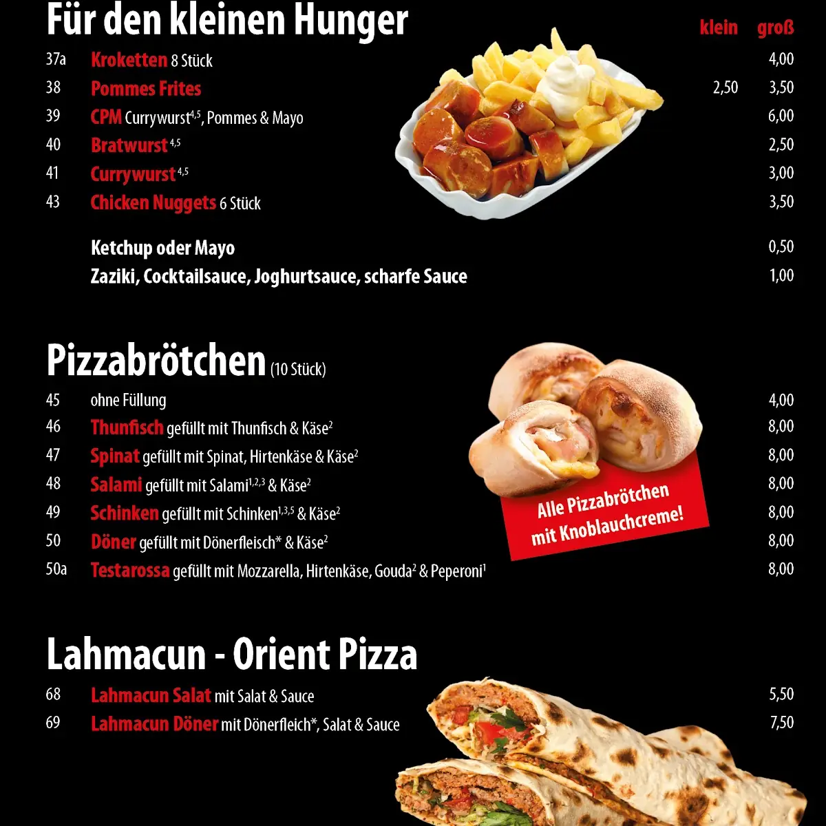 Speisekarte, TESTAROSSA Pizzeria & Dönerhaus
