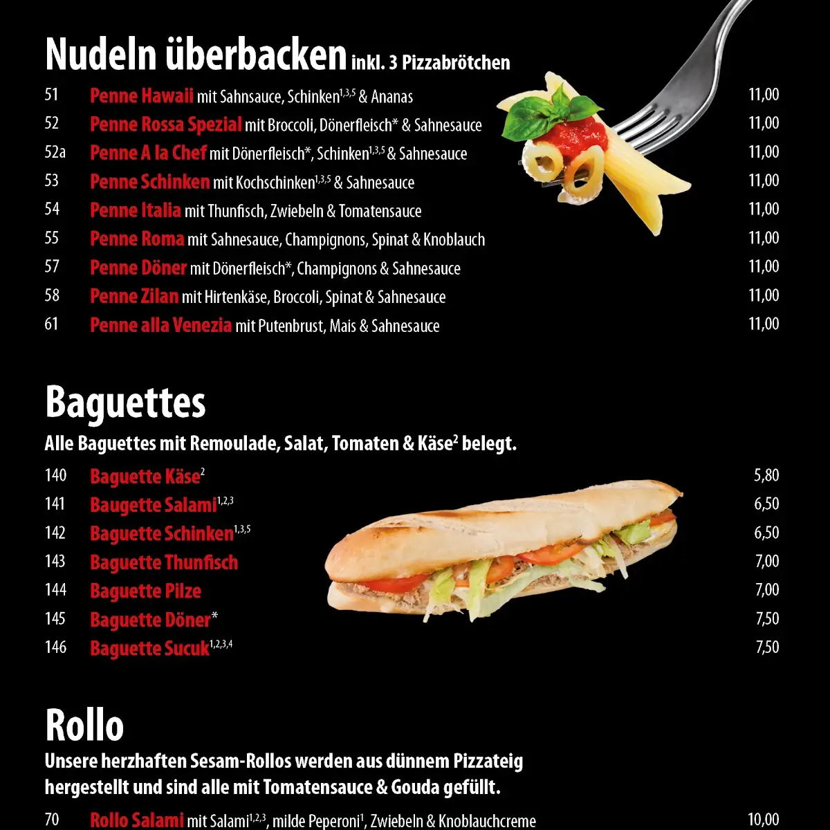 Speisekarte, TESTAROSSA Pizzeria & Dönerhaus
