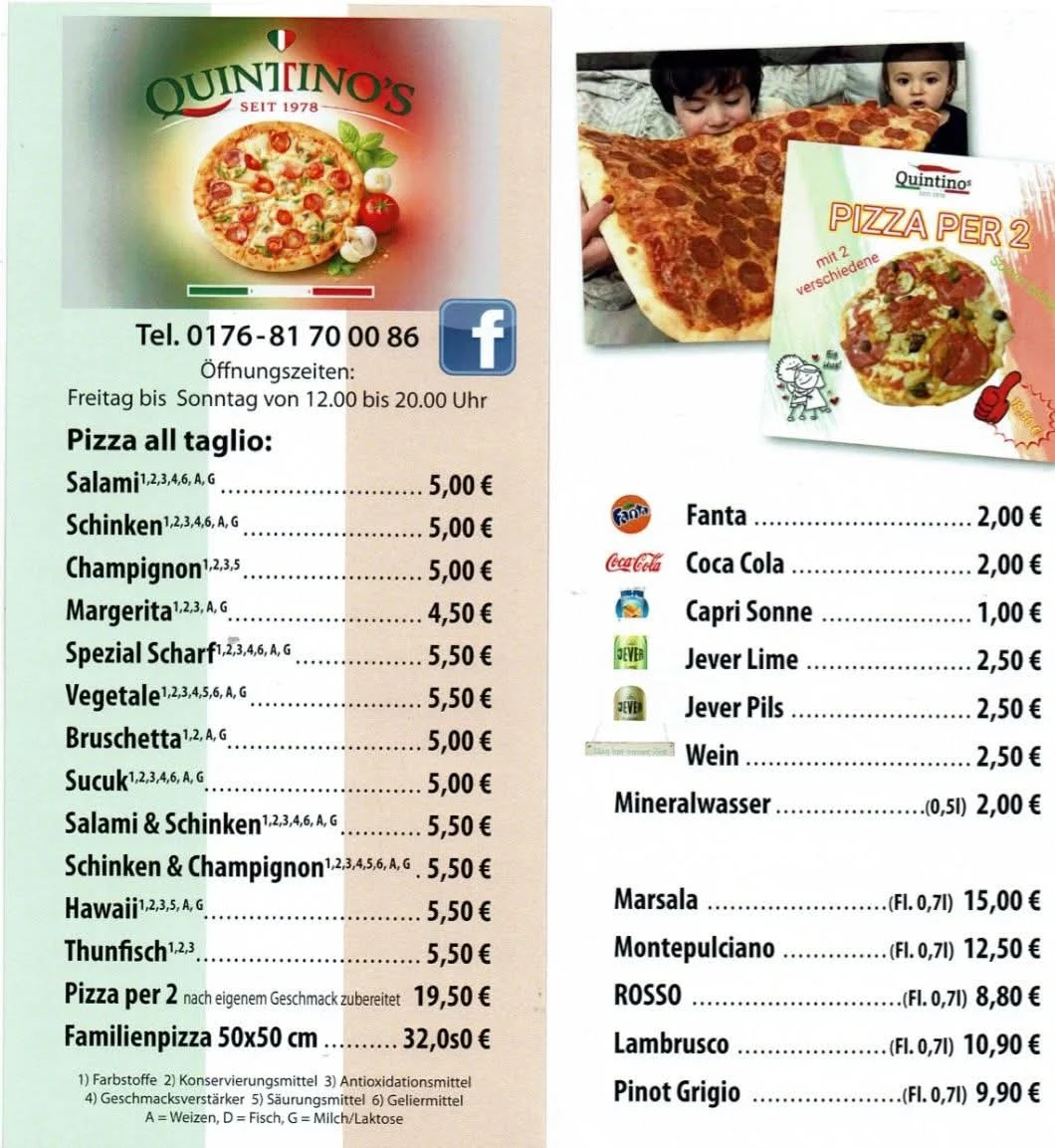 Speisekarte, Quintinos Pizza