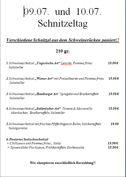 Speisekarte, Groß Leuthen , Restaurant Zur Eisenbahn
