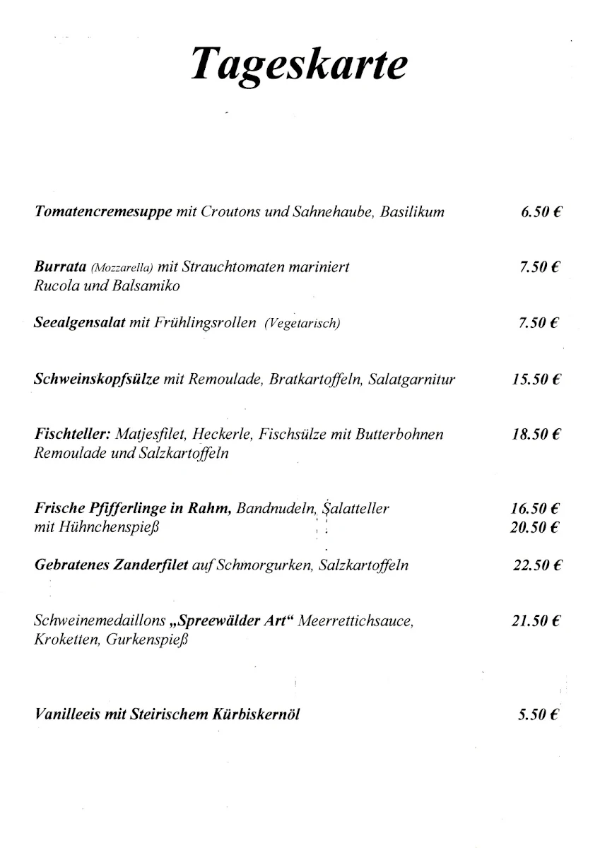 Speisekarte, Groß Leuthen , Restaurant Zur Eisenbahn
