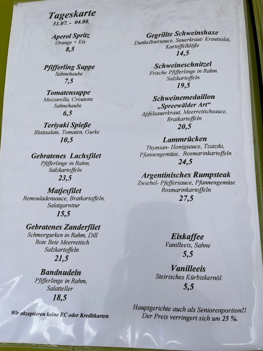 Speisekarte, Groß Leuthen , Restaurant Zur Eisenbahn