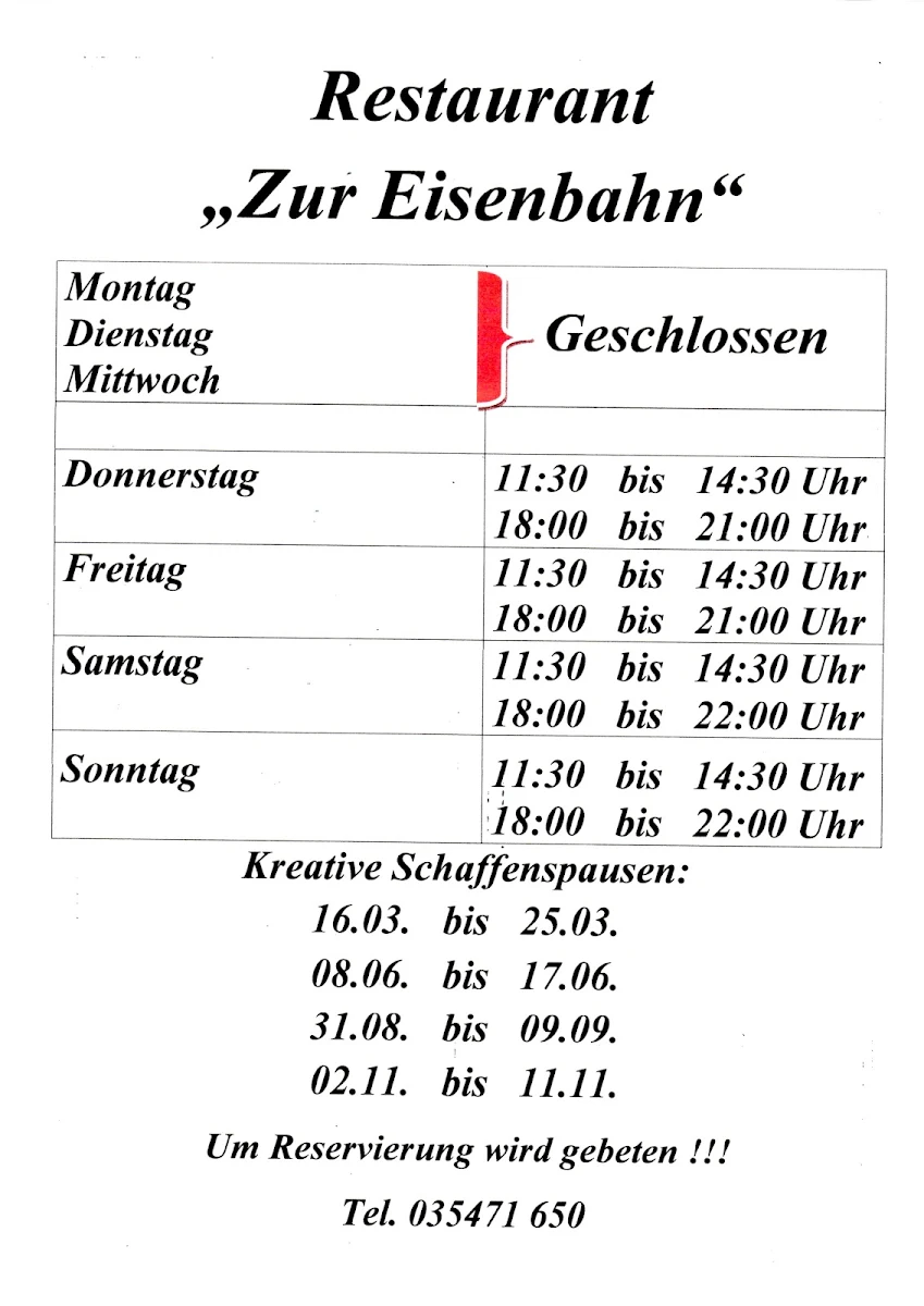 Speisekarte, Groß Leuthen , Restaurant Zur Eisenbahn