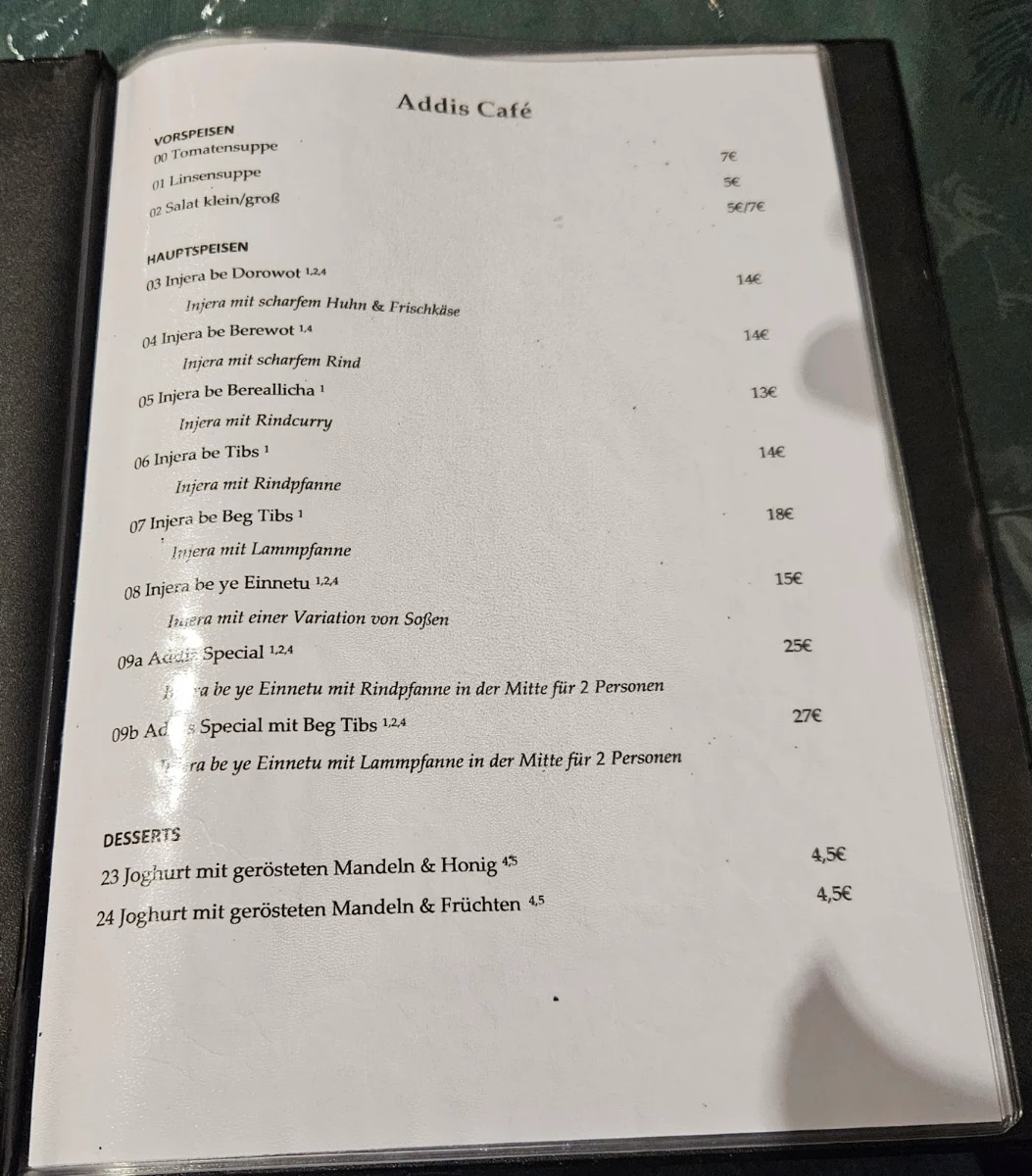Speisekarte, Addis Café Leipzig