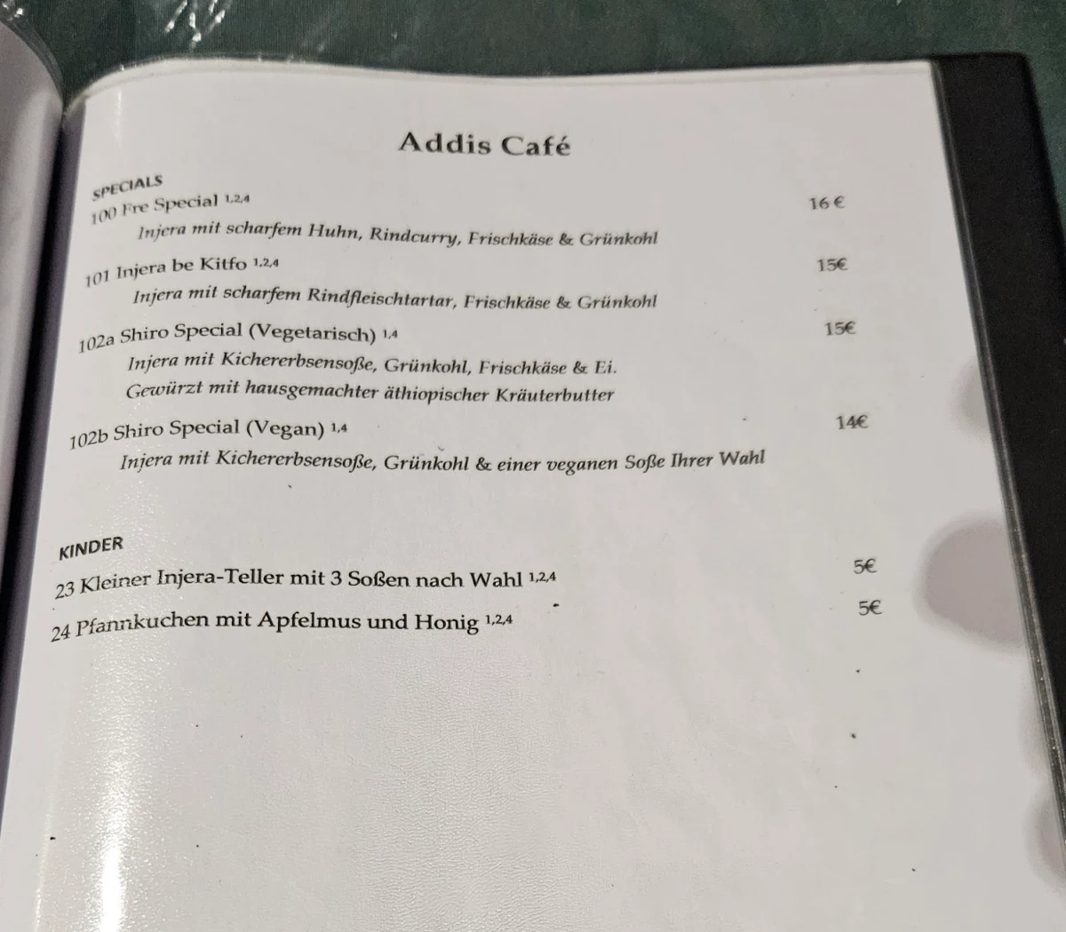Speisekarte, Addis Café Leipzig
