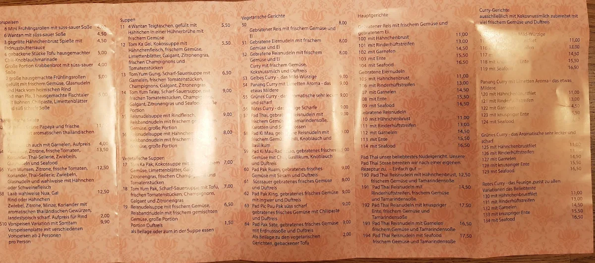 Speisekarte, Thong Thai , Restaurant,Bar und Biergarten