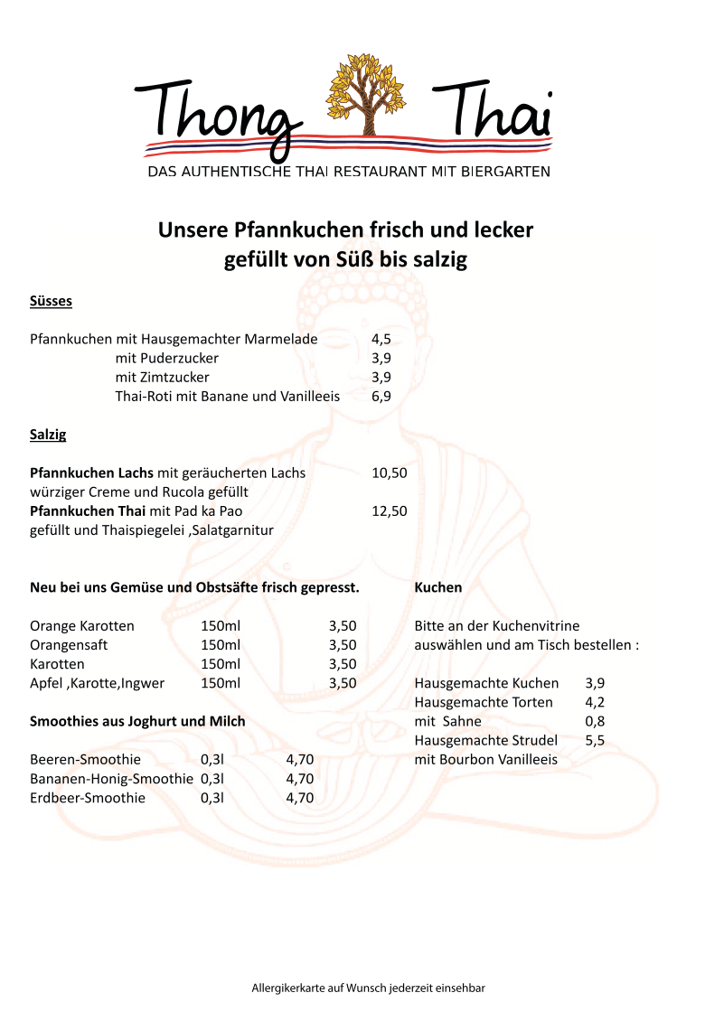 Speisekarte, Thong Thai , Restaurant,Bar und Biergarten