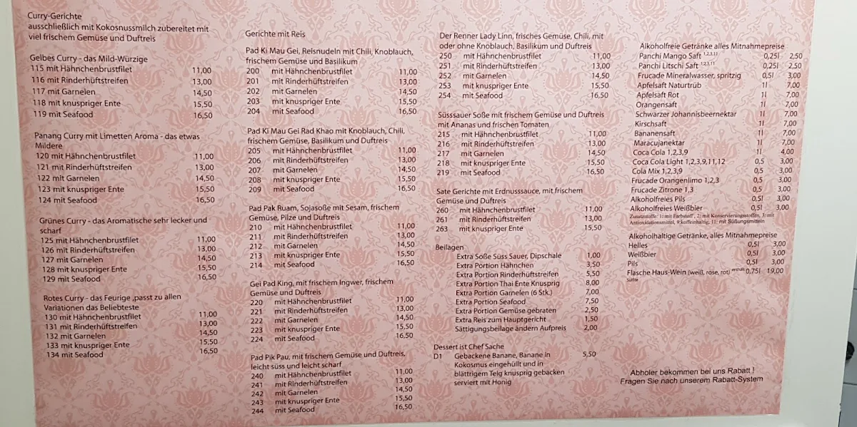 Speisekarte, Thong Thai , Restaurant,Bar und Biergarten