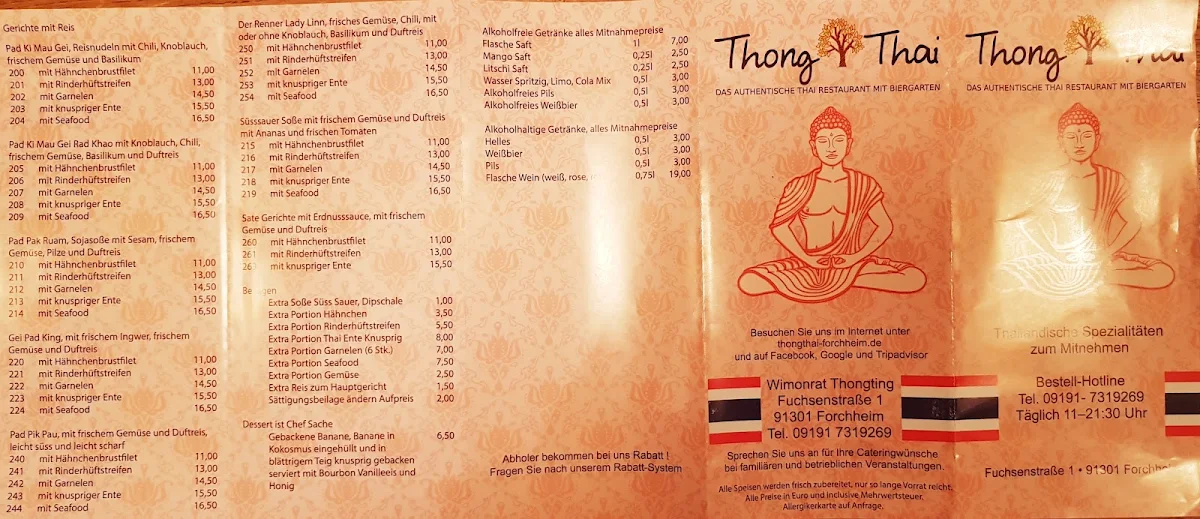 Speisekarte, Thong Thai , Restaurant,Bar und Biergarten